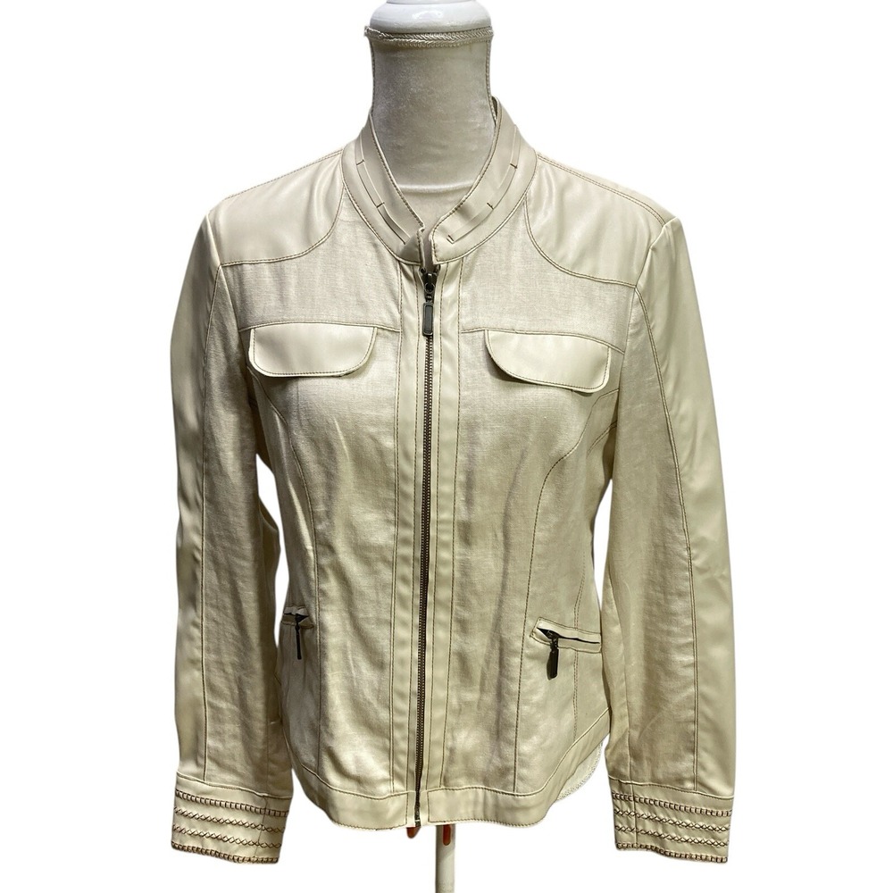 CC Couture Jacket Women Size M Tan Linen Faux Leather Y2K Style‎ Zip Monk Collar